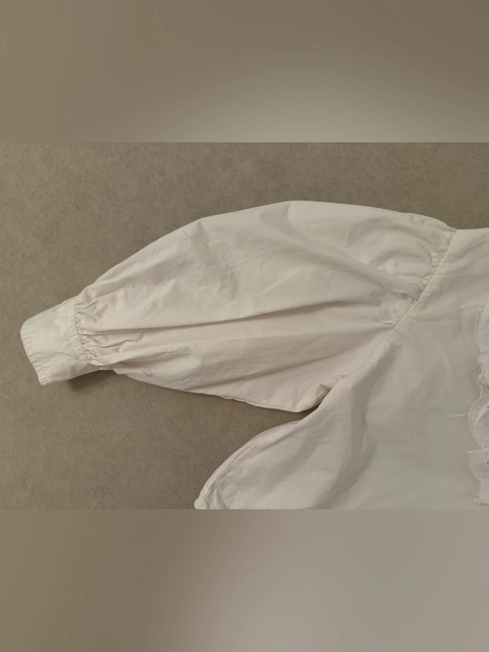 Zara White Eyelet Ruffle Collar Balloon Sleeve Boho Cropped Cotton Blouse Size L